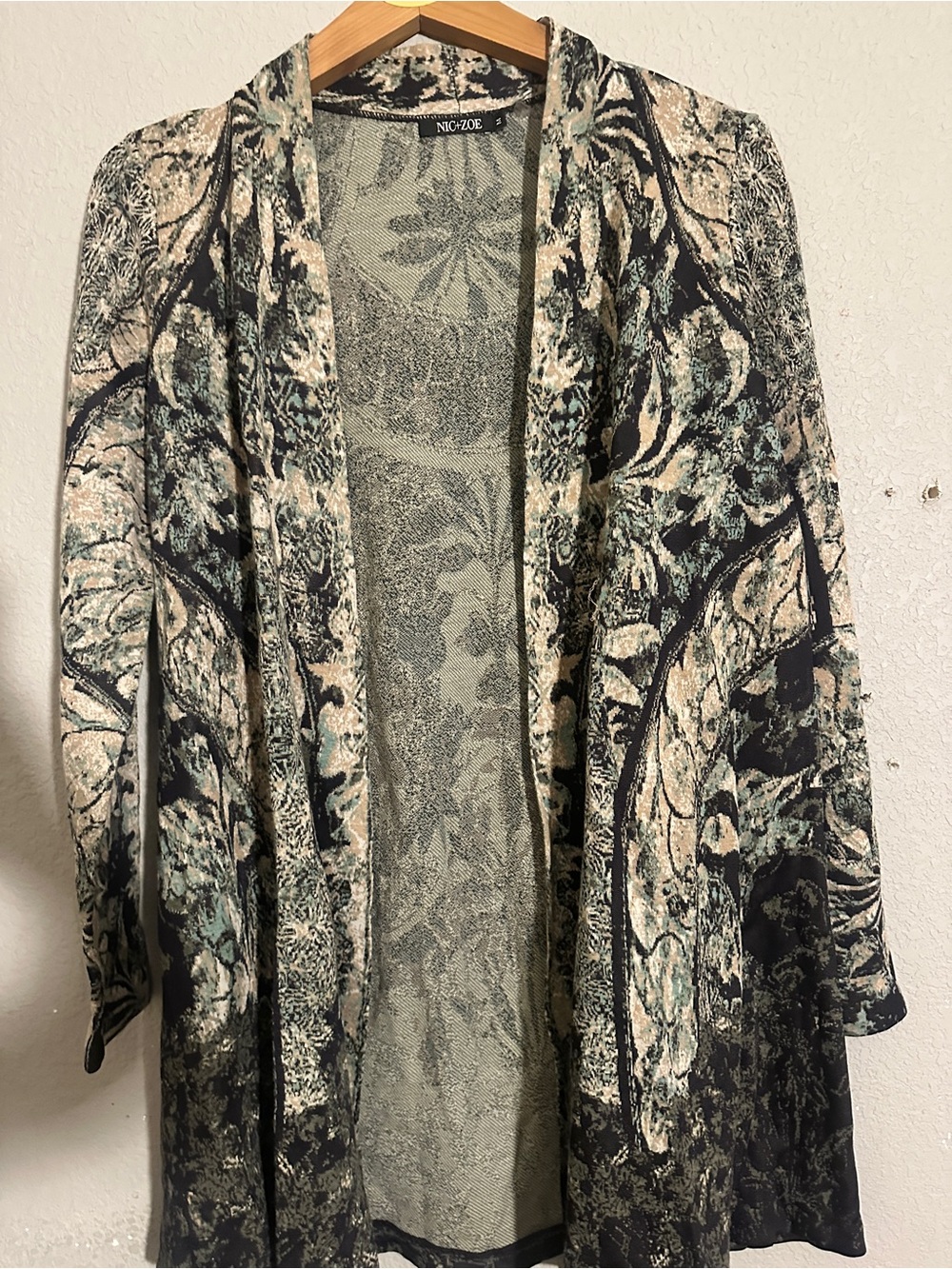 NIC+ZOE Open Front Patterned Cardigan - Black, Cream & Green